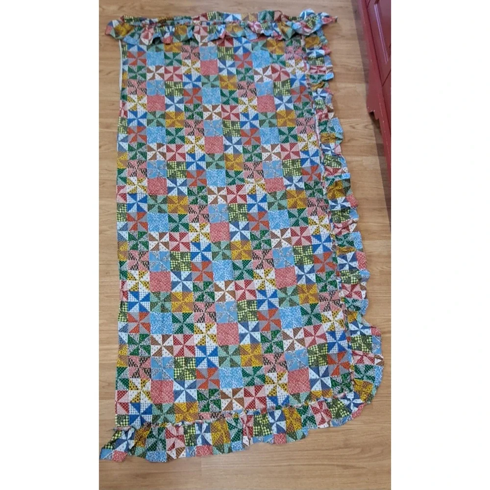 Pair Of 2 Drapery Panals Hamdmade  Granny Square With Ruffles 1970's‎